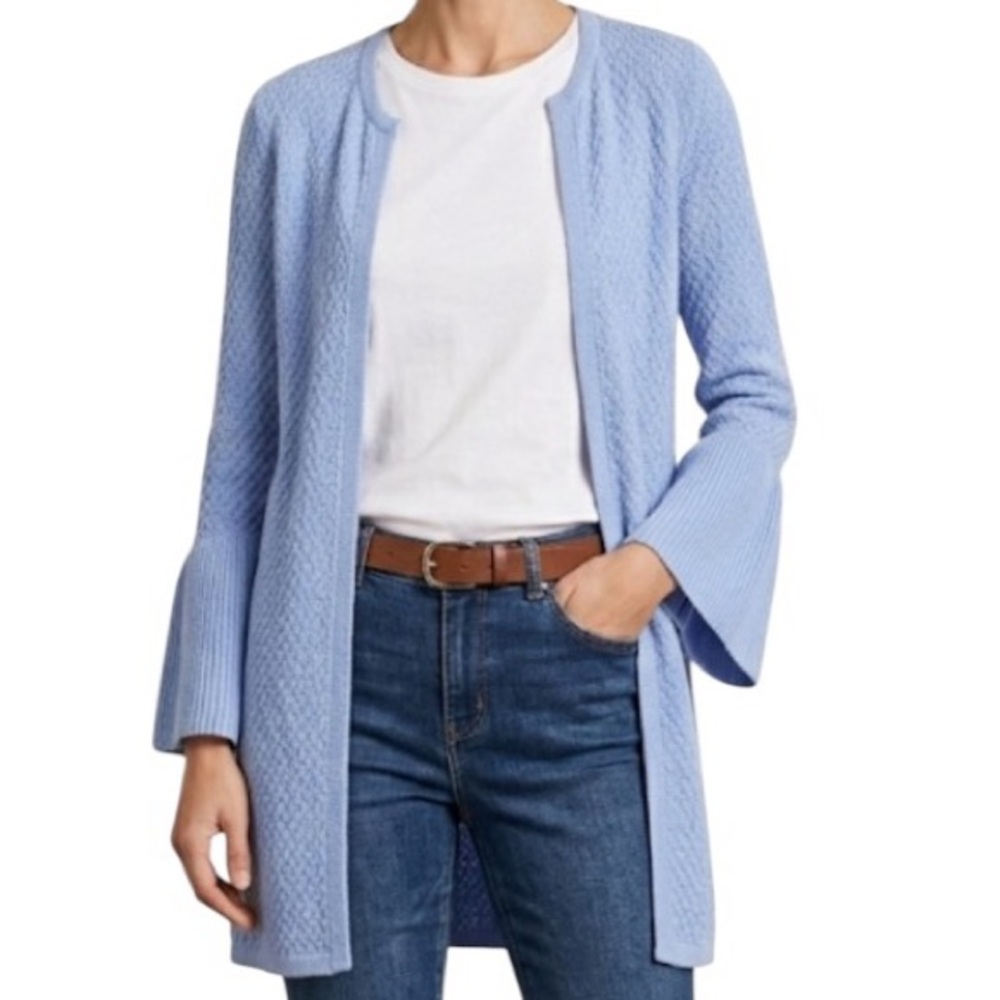 LOFT Sweater Size Small Blue Knit Bell Sleeve Open Cardigan